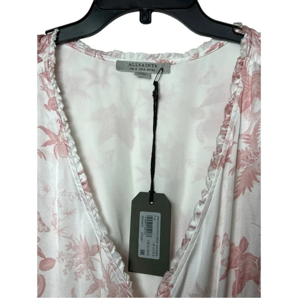 1652. ALL SAINTS ZINI EVOLUTION LEAF PRINT DRESS SIZEโ 2 WHITE/PINK IN COLOR - Picture 6 of 10